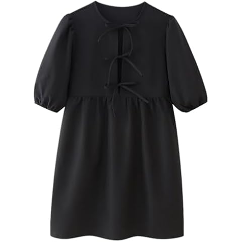 Ymoshoe Women Summer Dresses Short Puff Sleeve Tie Front Babydoll A Line Cute Dresses(Black,M) Cover