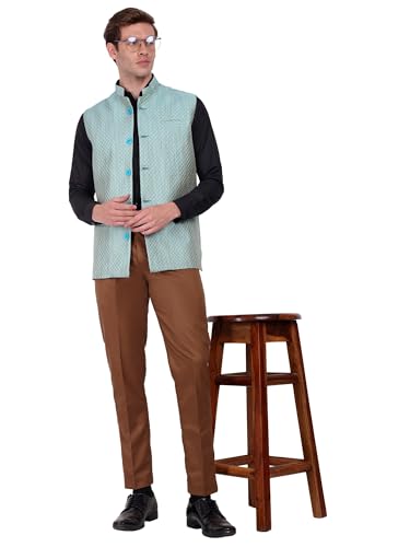 Image of SKAVIJ Men's Indian Dupion Silk Weaving Design Sleeve Less Nehru Jacket Waistcoat Turquoise XL