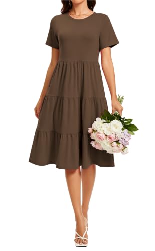 Image of Womens Summer Short Sleeve Crew Neck Midi Dress 2026 Casual Fit Flowy Tiered Beach Vacation Sundress with Pockets