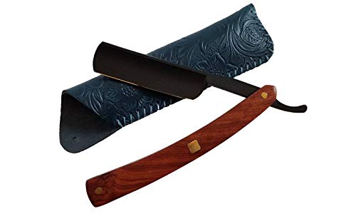 Handmade Straight Black Edge Razor - Stainless Steel Matte Blade - Natural Rosewood Handle - Sharp Vintage Barber Razor with Carved Leather Case