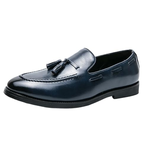 Men's Formal Tassel Loafers Spanish Leather Prom Slip On Pointed Toe Anti-Slip Office Business Shoes(Blue,8.5)