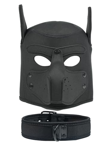 Neoprene Dog Face Pup Hood with Removable Muzzle & Collar – Puppy Mask for Role Play, Cosplay, Halloween Costume (Black)