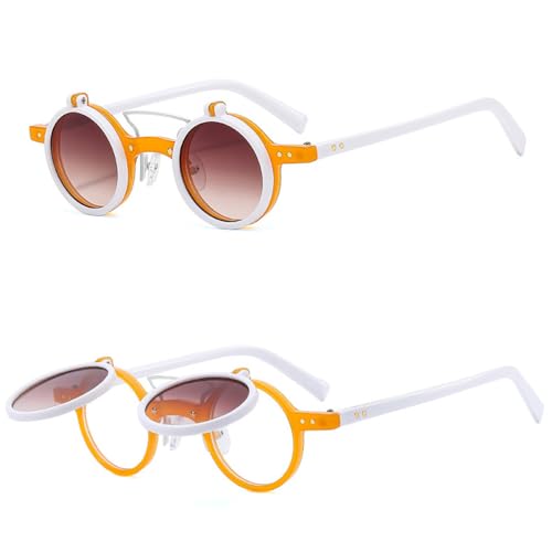 Image of HYLLE Retro Flip-Up Round Goggles Seampunk Sunglasses for Men Women 90s Style