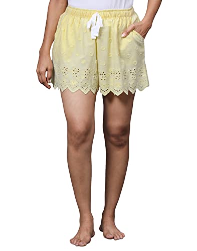 Image of B STORIES Women's Cotton Yellow Embroidery Lounge Shorts (LSHOR-004-18015-M, Medium, Yellow)