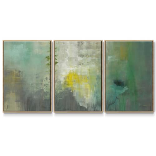 Renditions Gallery Abstract Wall Art Green Plants Grass Painting Modern Botanical Artwork Canvas Prints Wall Decorations for Bathroom and Living Room-Natural Floater Frame-16”x24”x3 Panels, LS014