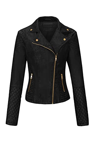 Bellivera Women's Faux Leather Short Jacket, Distressed Retro Frosted Moto Casual Spring Coat 17909 Black L