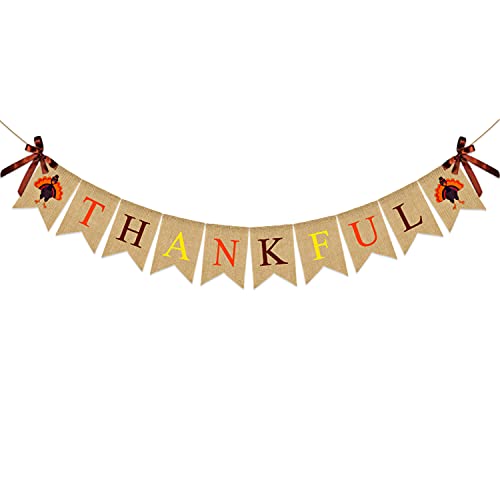 FUGUIR Burlap Thanksgiving Banner Vintage Turkey Thankful Banner with Bows for Autumn Harvest Home Fireplace Mantel Decor
