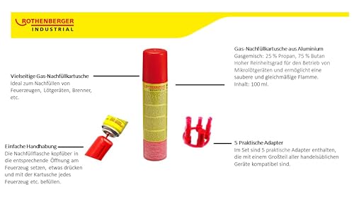 Rothenberger Industrial 1x Nachfüllgas 100 ml | Feuerzeuggas | Gaskartusche | Universalgas | hoher Reinheitsgrad | für Feuerzeuge Gasbrenner zum Wieder befüllen inkl. 5 Adapter | 35840 2