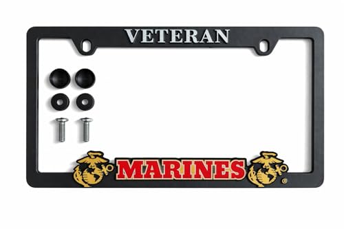Officially Licensed US Marine Corps (USMC) Veteran License Plate Frame | Perfect Veteran Marine & Military Gift | Weatherproof Plastic with Mounting Screws & Caps Included