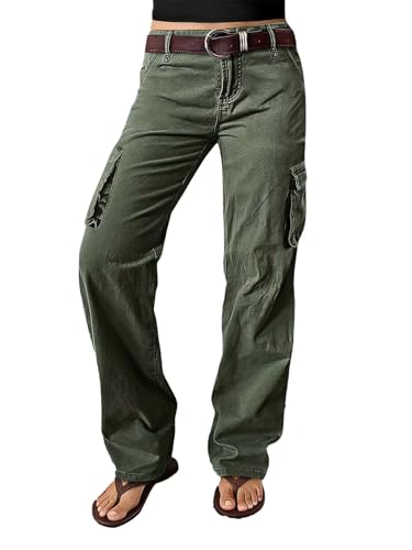Flamingals Straight Leg Pants for Women Mid Rise Casual Cargo Solid Flap Pockets Pants