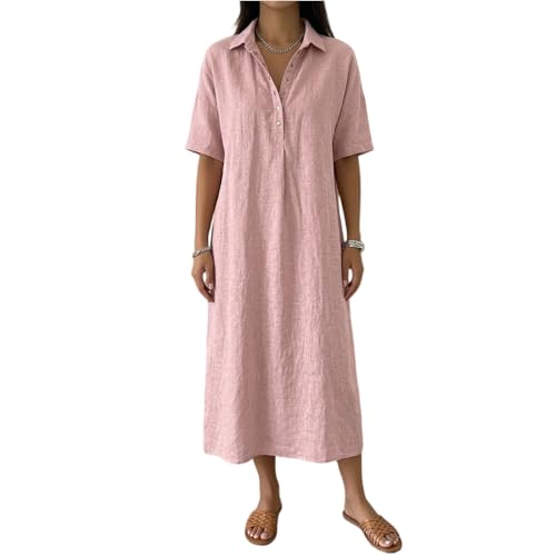 Vestido de lino midi con cuello en V y manga corta para mujer