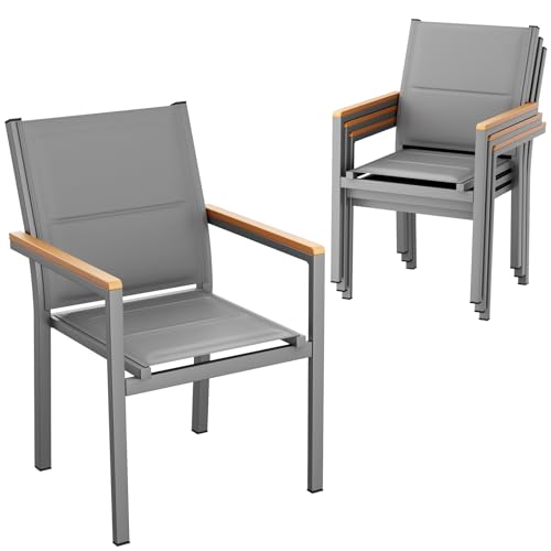 LIFERUN Set di 4 Sedie da Giardino in Alluminio e WPC, Sedute Trapuntate, Impilabili, Grigio