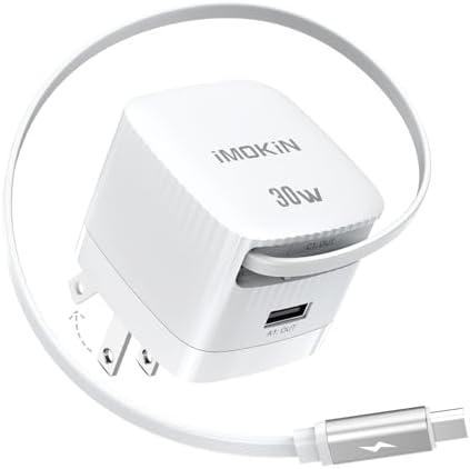 USB-C Charger Block, 30W GaN 2 Port Fast Charging w/Built-in Retractable C Cable & Foldable Plug, PD/PPS for iPhone 16Pro Max/16/Pixel 9 pro/Galaxy/iPad/MacBook,Compact Travel Charger