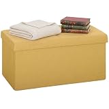 HOMCOM Puff Almacenaje, Banco Almacenaje Plegable, 84 L, 76x38x38 cm, Tapizado en Lino Sintético, Baúl de Almacenamiento, Carga 120 kg, Taburete para Sala de Estar, Dormitorio, Entrada, Amarillo