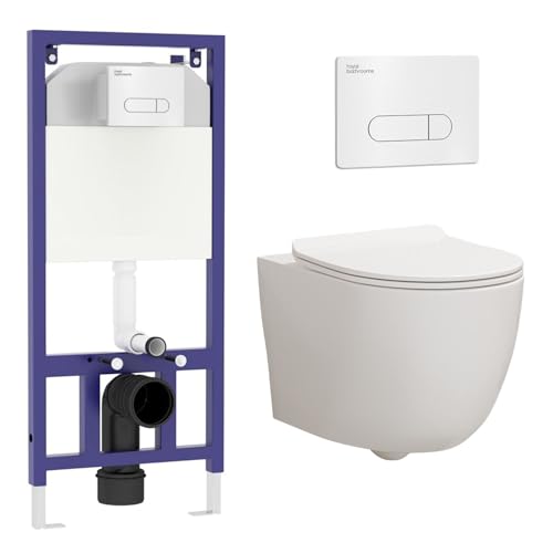 Wall Hung Toilet Pan Dual Concealed Cistern Frame Soft Close Seat & Chrome Flush Plate Abacus Rimless Toilet