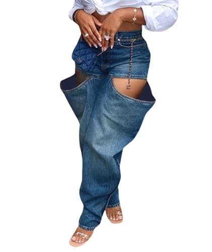 xxxiticat Women's Cutout Slit Jeans High Waisted Loose Fit Boyfriend Style Patchwork Hollow Out Blue Baggy Denim Trousers2