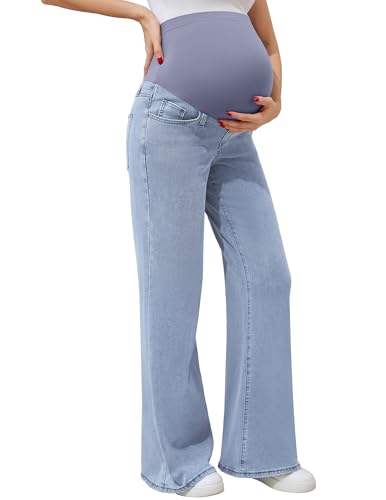 FABRACK Womens Maternity Wide Leg Jeans Bootcut Over The Belly Stretchy Flare Pregnancy Denim Pants with Pockets(Light Blue Medium)