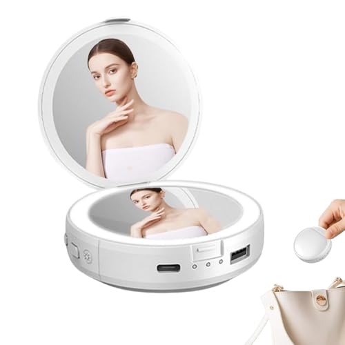 Generico Specchio per Il Trucco ingranditore - Specchi da Viaggio con Luce, Specchi per Il Trucco Ricaricabili | Power Bank scaldamani Portatile con Lente d'Ingrandimento, da Viaggio con Batteria di