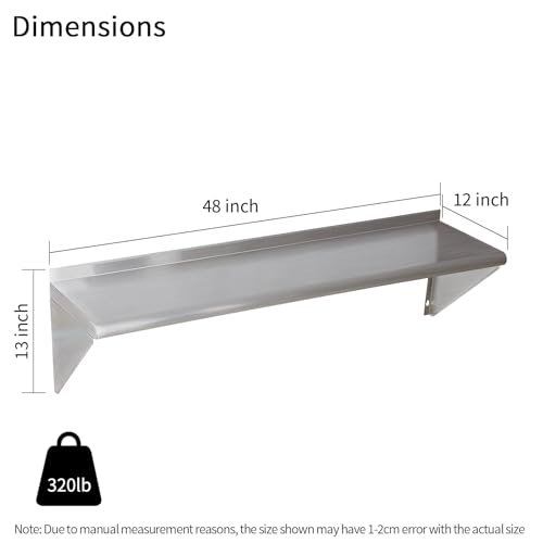 Image of Stainless Steel Shelf 12 inchx48 inch, Space-Saving Wall Mounted Shelving, 320lb Heavy Duty Steel Shelves with Easy-Clean Surface for Kitchen, Restaurant, Bar, Hotel (Commercial & Home Use)