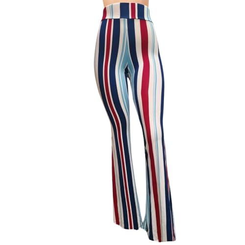 ShopMyTrend SMT Women's High Waist Wide Leg Long Bell Bottom Yoga Pants Large Blue Burgundy Lines