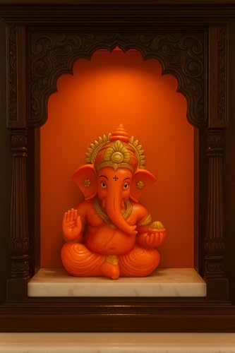 Image of ZYROO Lord Ganesha Idol for Home Temple | 10 cm Ganpati Murti for Pooja, Office Desk & Car Dashboard | Polyresin Ganesh Statue for Vastu, Meditation & Gift Decorative Statue, Orange and Gold