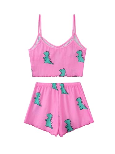 Image of Hilinker Women's Sexy 2 Piece Pajama Set Ribbed Cami Top and Shorts Sleepwear Cute Pjs Pink Dinosaur X-Large