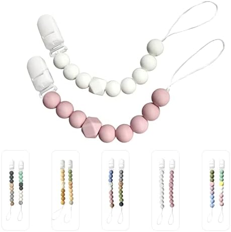 ISEAINNO Silicone Beads Pacifier Clips for Baby Girls & Boys, Baby Pacifier Holder Clip, Baby Teether Clips, Pacifier Strap Pacifier Leash, Gift for Baby Shower and Birthday,2 Pack (Pink White)