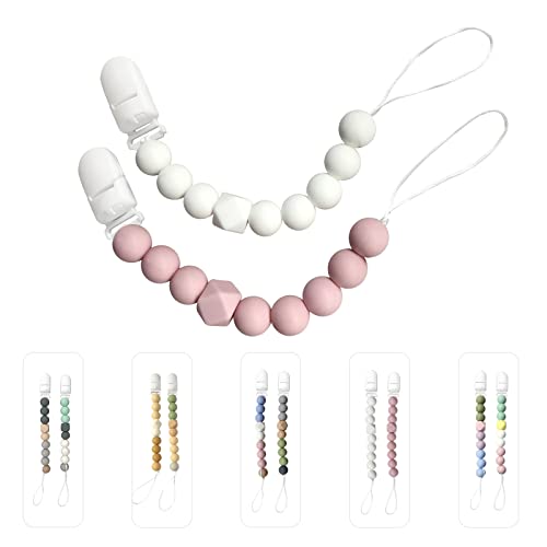 Iseainno Silicone Beads Pacifier Clips For Baby Girls & Boys, Baby Pacifier Holder Clip, Baby Teether Clips, Pacifier Strap Pacifier Leash, Gift For Baby Shower And Birthday,2 Pack (Pink White) #TOP1