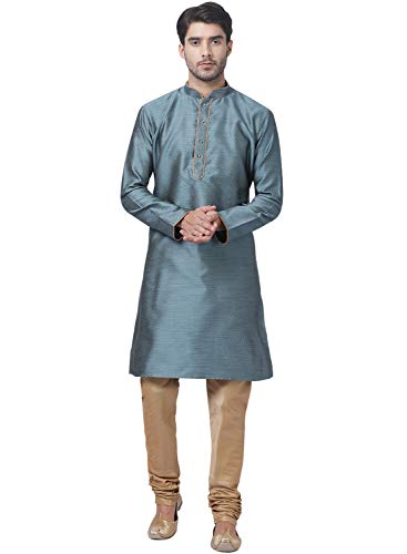 Image of VASTRAMAY Men's Aqua Cotton Silk Blend Kurta and Pyjama Set