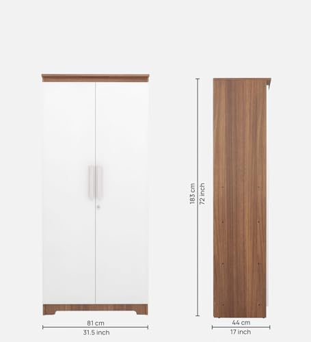 Image of COUCH CULTURE Amber Engineered Wood 2 Door Wardrobe | Almirah | Wardrobe with Hanging Rode and Lock | Storage Organizer | Multipurpose Almirah | 4 Shelves | 1 Year Warranty - White & Leon Teak