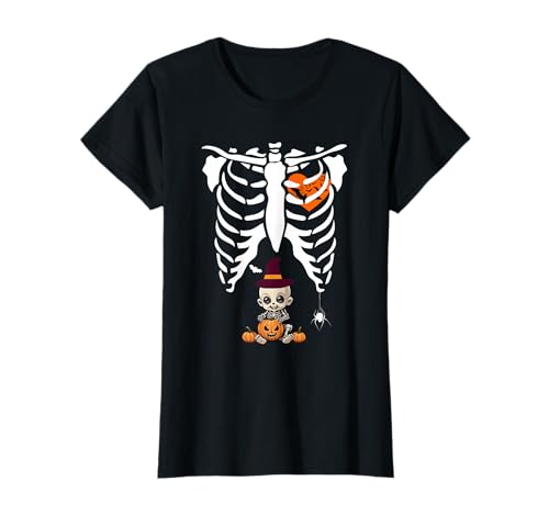 Halloween Costume Divertente Donna Incinta Zucca Rib Cage Maglietta