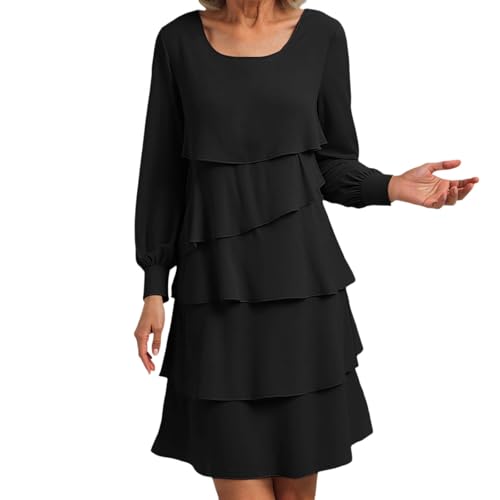 Damen Minikleid mit Gestuften Volants - Langarm A-Linien Kleid | Lockeres Tunika-Kleid für Alltag und Freizeit