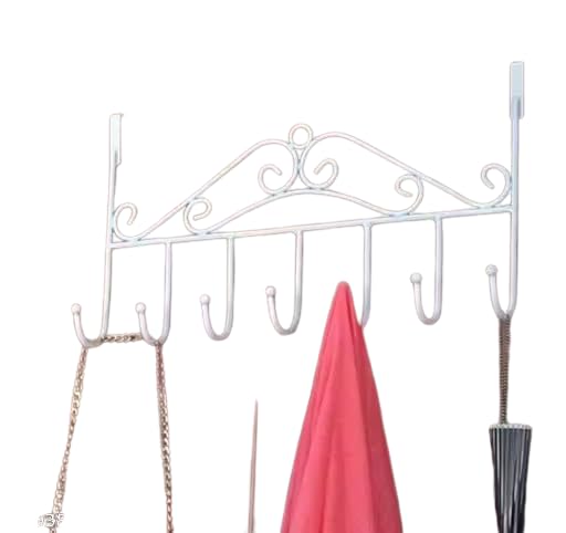 Over the Door Hook Rack, 7 Hooks, 38.4x24.4 cm, Metal | Decorative Scroll Design, No Drilling Needed, Fits Standard Doors, Coats & Bags Organiser, 3 cm Hook Spacing-image-26