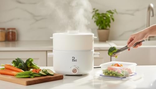 Image of PIOUS Multipurpose Small Electric Kettle with Ceramic Coating 2L | Multi Cooker Kettle Boil, Steam, Fry, Saute | Mini Multi Cook for Water, Soup, Coffee | Hostel, Travelling | Dual Power 200W & 700W (White) (BIS Certified)