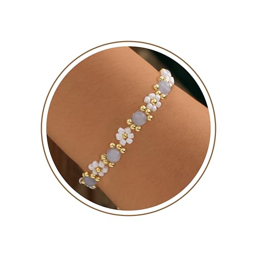 Healing Natural Stone Bracelet Bridesmaid Proposal Gifts Beaded Bracelets for Women Wedding Gifts Friendship Flower Bracelets Birthday Gift for Women Aquamarine