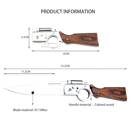 DIELUONAI 10 inch AK47 Manual Open Folding Pocket Knife With LED Light,Stainless Steel Blade, Wooden handle, EDC Knives for Hiking,Outdoor, Camping, Gift Nylon Sheath