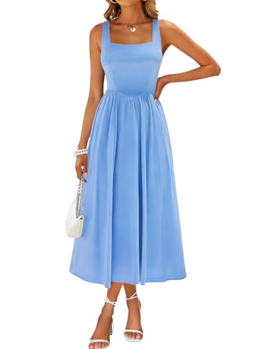 Image of Sureple Midi Dresses for Women 2026 Spring Square Neck Tank Sleeveless A Line Casual Summer Sundresses with Pockets