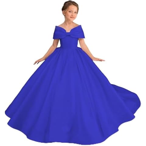 olalunule Pageant Dresses Satin Flower Girl Dress Off Shoulder First Communion Dress Bowknot Princess Gown,Blue 6 Cover