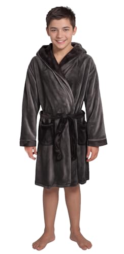 Slumber Hut® Luxury Boys Fleece Hooded Dressing Gown Warm Snuggle Robe - Special Teenager Size - Flannel - Charcoal/Black - 14-15 Years