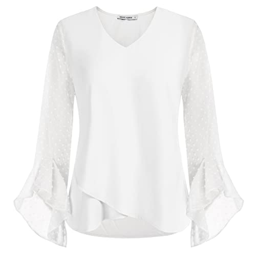 Damen Glockenärmel V-Ausschnitt Chiffon Bluse Swiss Dots Tops Langarm...