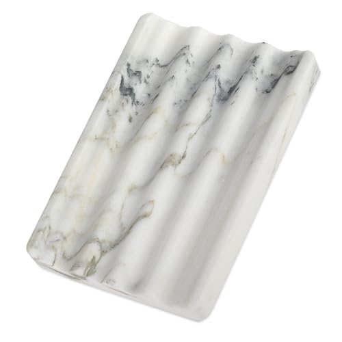 Koville African Natural Marble Soap Dish for Shower Stone Soap Tray for Bathroom Bar Soap Holder for Sink Stripe Grooves Soap Saver Stone Dish Keep Bars Dry Easy Clean (Namib Bianco)