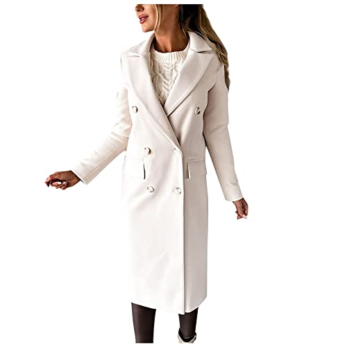 Liutian Winter Long Coats For Women Plain V-Neck Tweed Jacket Fashion Casual Loose Coat With Pocket Trench Coat,Ladies Plus Size Coat Shirred Comfy Notch Lapel Long Sleeve Jacket(D-Beige,Xx-Large) #TOP24