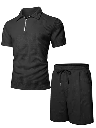 UOUA Mens Track Suits 2 Piece Sets Short Sleeve Sweatsuit Outfits Casual Quarter Zip Golf Polo Shirts & Summer Jogger Shorts Loungewear Outdoor Sets Black S-3XL