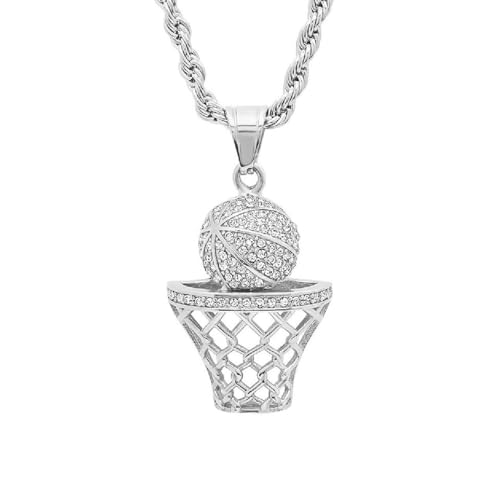 Basketball Necklace - 18K Plated Basketball Chain with Hoop for Men, Women, Teens - Gold, Silver & Black Color Options - Stainless Steel Sports Pendant with Simulated Diamond CZ Stones