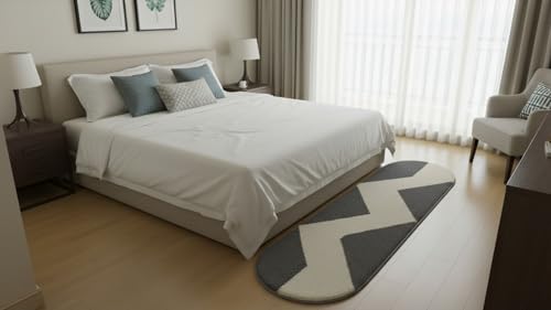 Image of Fluffy Silky Micro Fiber Polyster Carpet /Runner for Bedroom, Study Room, Playing Room, Guest Room ETC. 1.5x4 Feet, (Grey and Ivory Chevron Pattern)