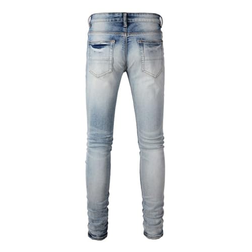Jeans Pants Trousers Denim Men Wrinkle Worn Hole Street Trendy Water Washed Blue Grinding Fading Elastic Tight Stretch Slim Fit Casual Small Leg(Light Blue,33)3