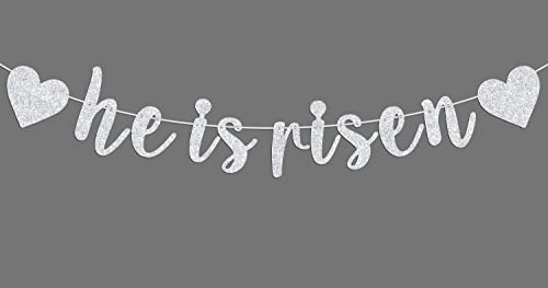 He is Risen Banner, Jesus Oster-Kuchendekoration, Frohe Ostern, religiöse Feiertags-Party-Dekorationen, Silber-Glitzer Cover