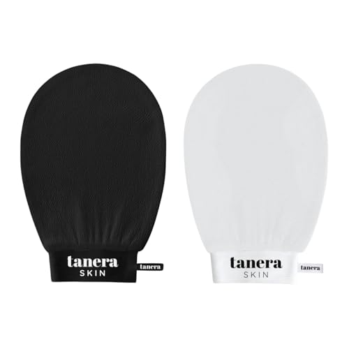 Tanera Skin Premium Peeling Handschuh für Körper - bei Reibeisenhaut (Keratosis Pilaris) Selbstbräuner Entfernung Unreine Haut Erdbeerbeine Kessa Hamam Body Scrub (Schwarz/Weiß (2 Stück))