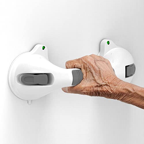 AmeriLuck Suction Bath Grab Bar 12in with Indicators, Bathroom Shower Handle (White/Grey, Pack of 1)
