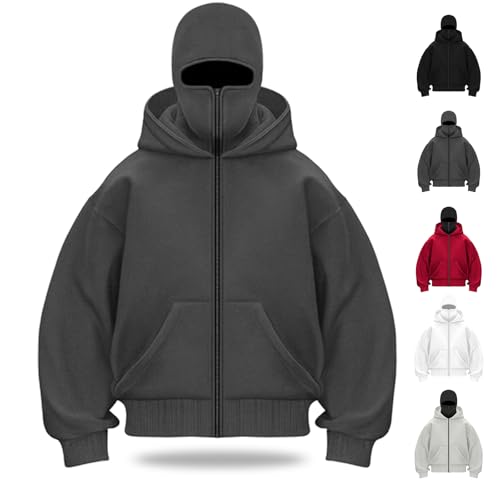 Balaclava Hoodie Zipper, Double Hooded Zip Jacket Wind-resistant Winter Hoodies for Men, Pullover Hooded Sweatshirt